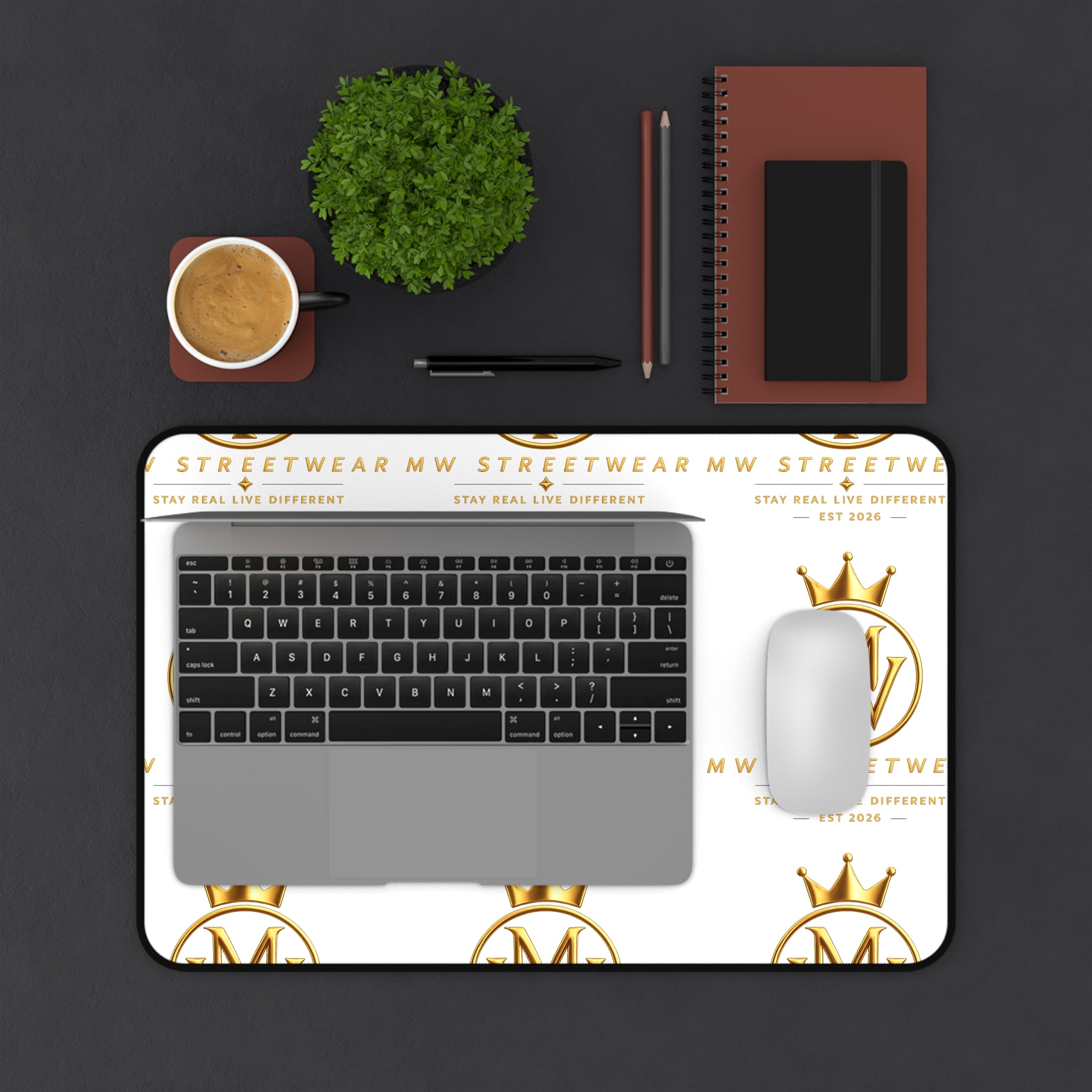 MW Streetwear Desk Mat — Gold Crown Logo Mouse Pad for Stylish Workspaces
