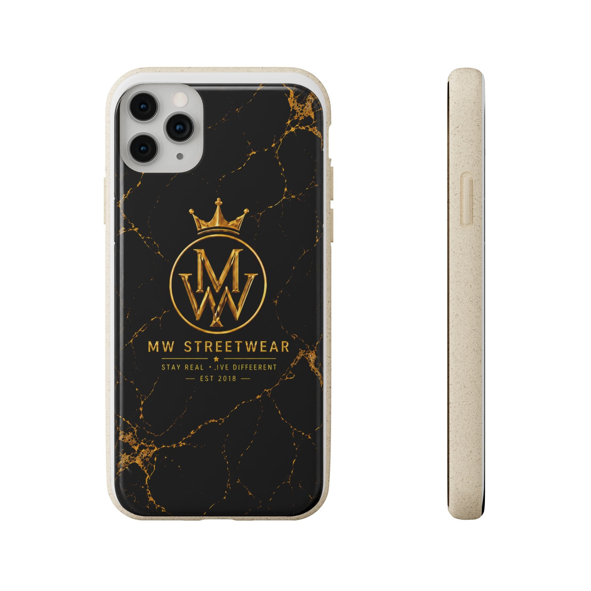 Biodegradable Phone Case — Black Marble MW Streetwear Logo, Eco-Friendly Protective Cover