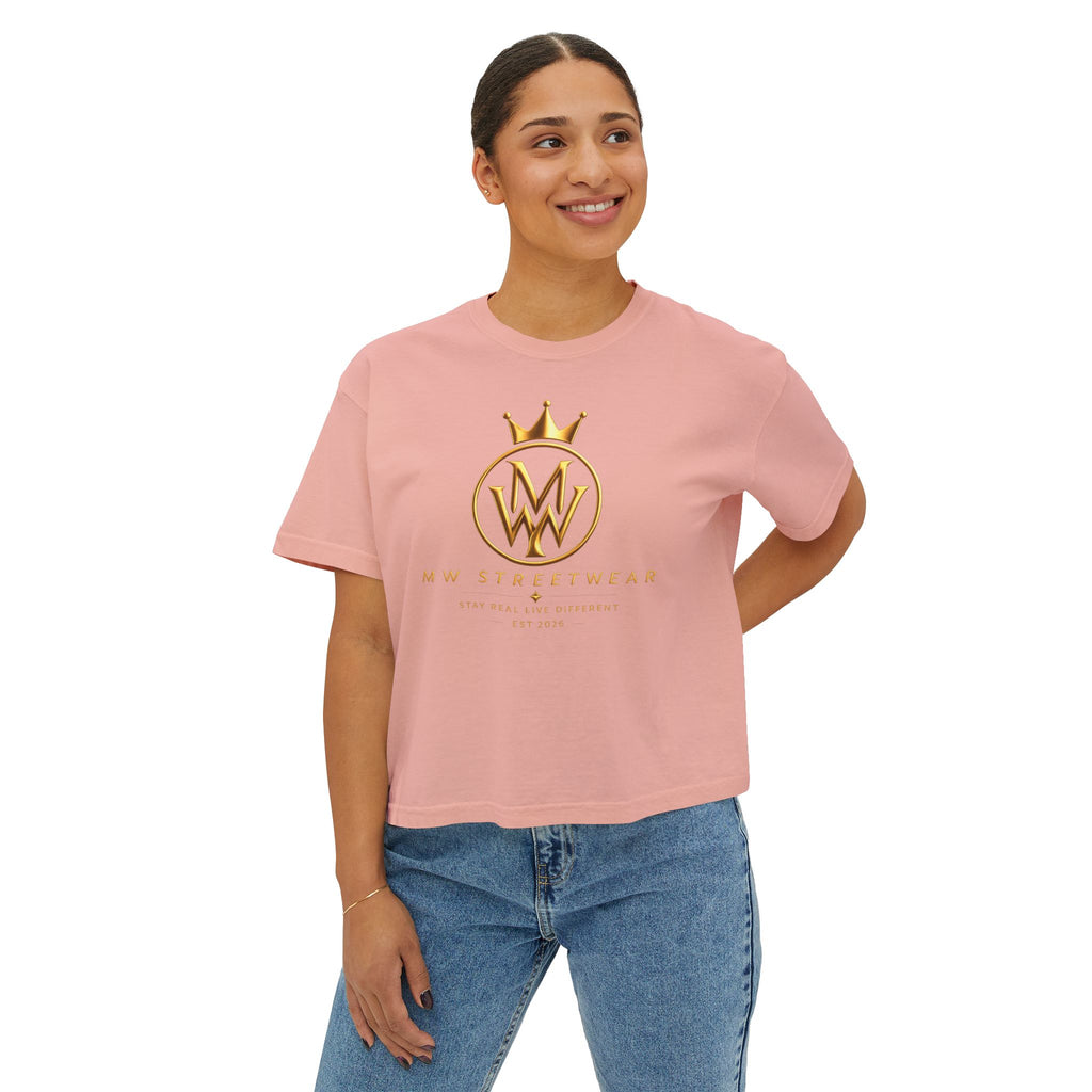 MW Streetwear Women's Boxy Tee — Gold Crown Logo Casual Crop T‑Shirt