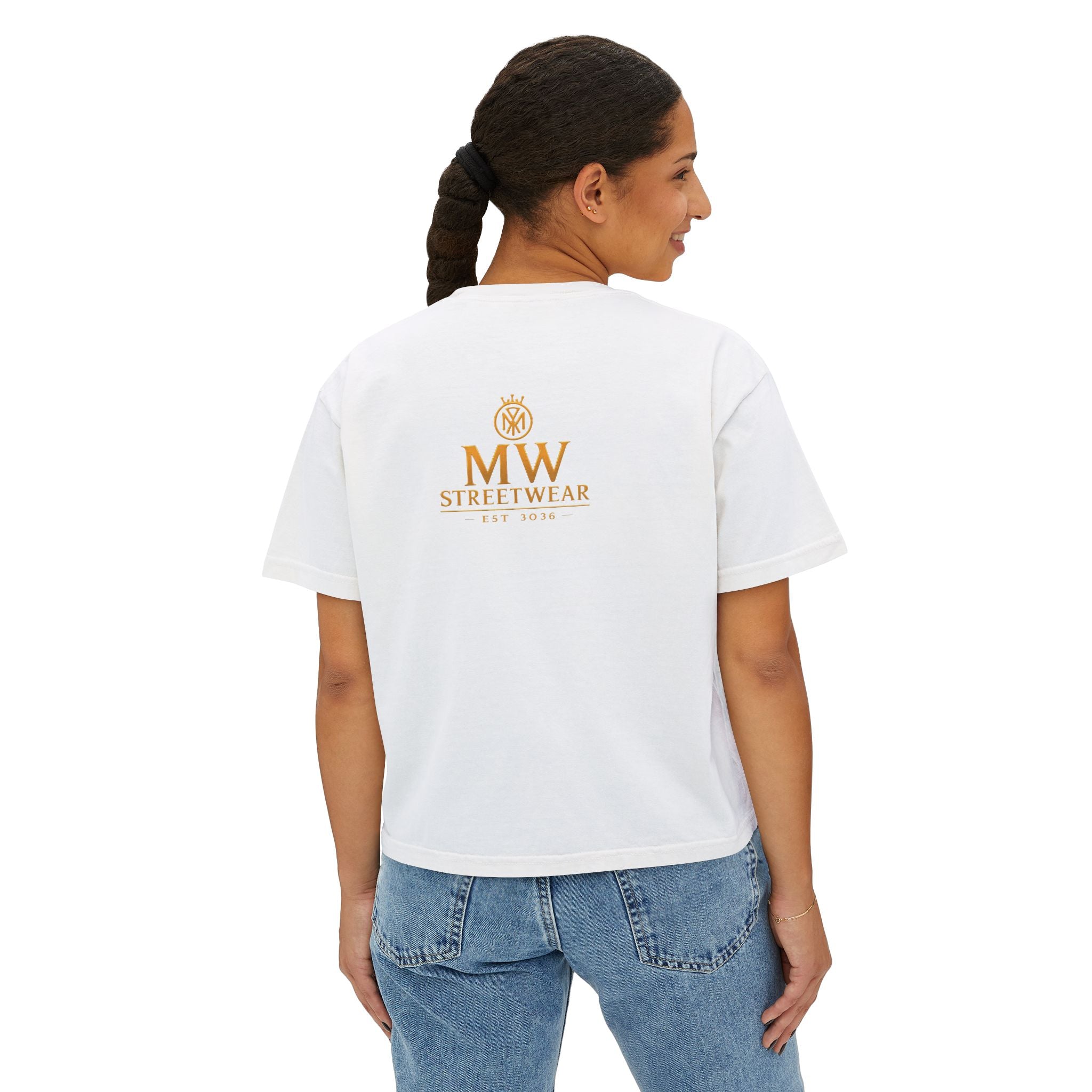 MW Streetwear Women's Boxy Tee — Gold Crown Logo Casual Crop T‑Shirt