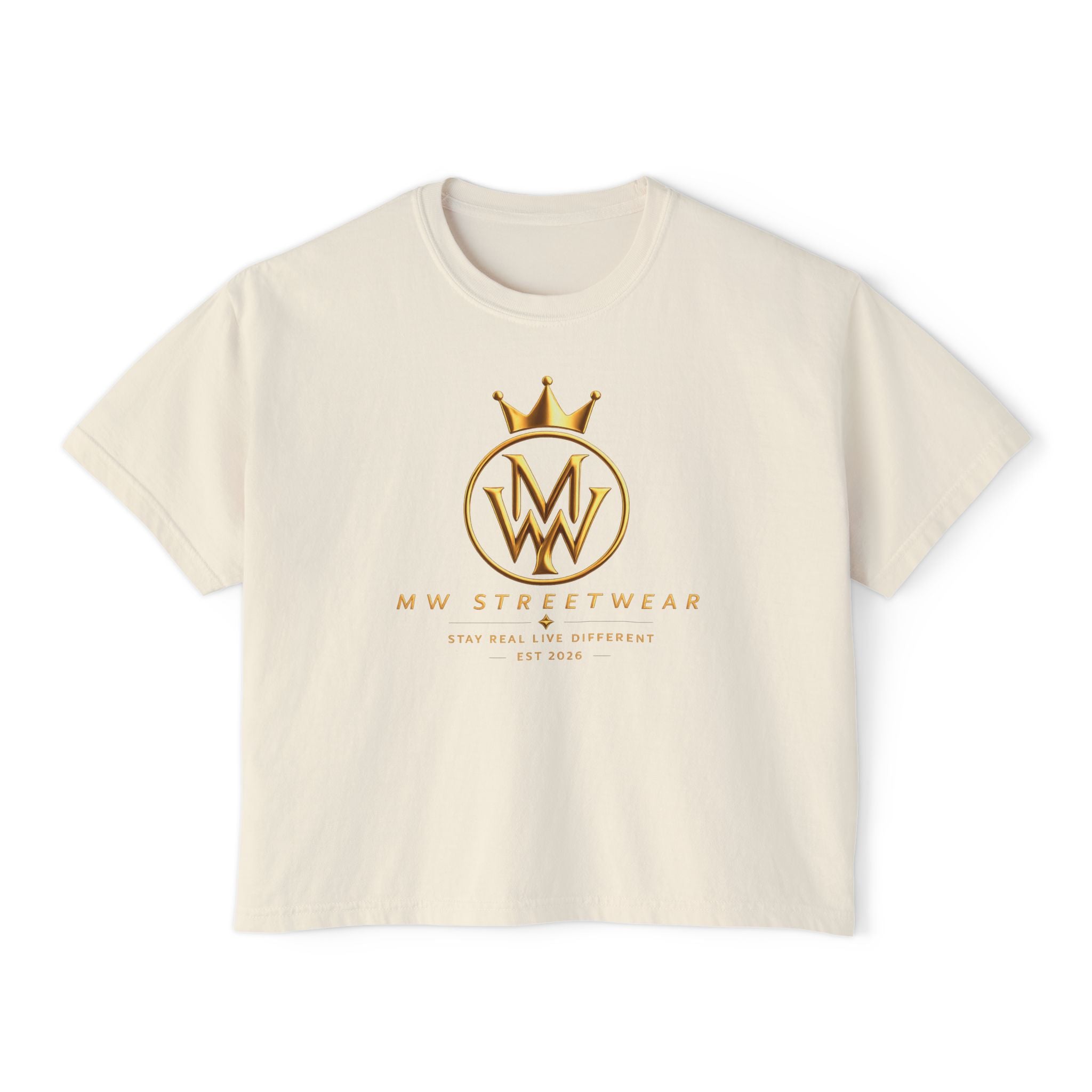MW Streetwear Women's Boxy Tee — Gold Crown Logo Casual Crop T‑Shirt
