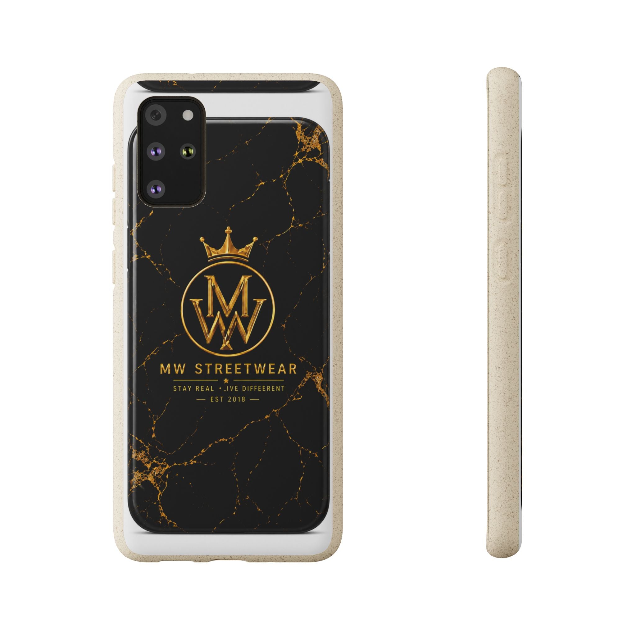 Biodegradable Phone Case — Black Marble MW Streetwear Logo, Eco-Friendly Protective Cover
