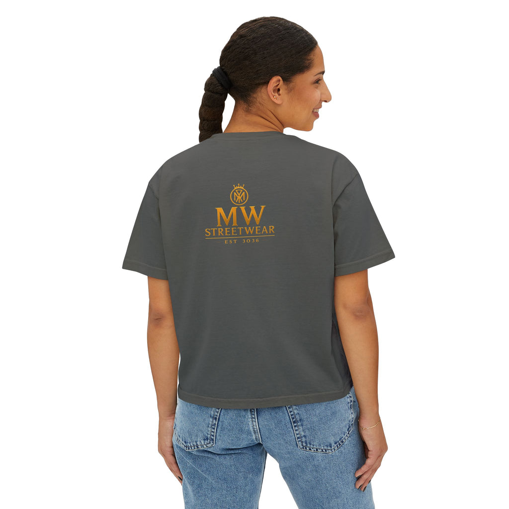 MW Streetwear Women's Boxy Tee — Gold Crown Logo Casual Crop T‑Shirt