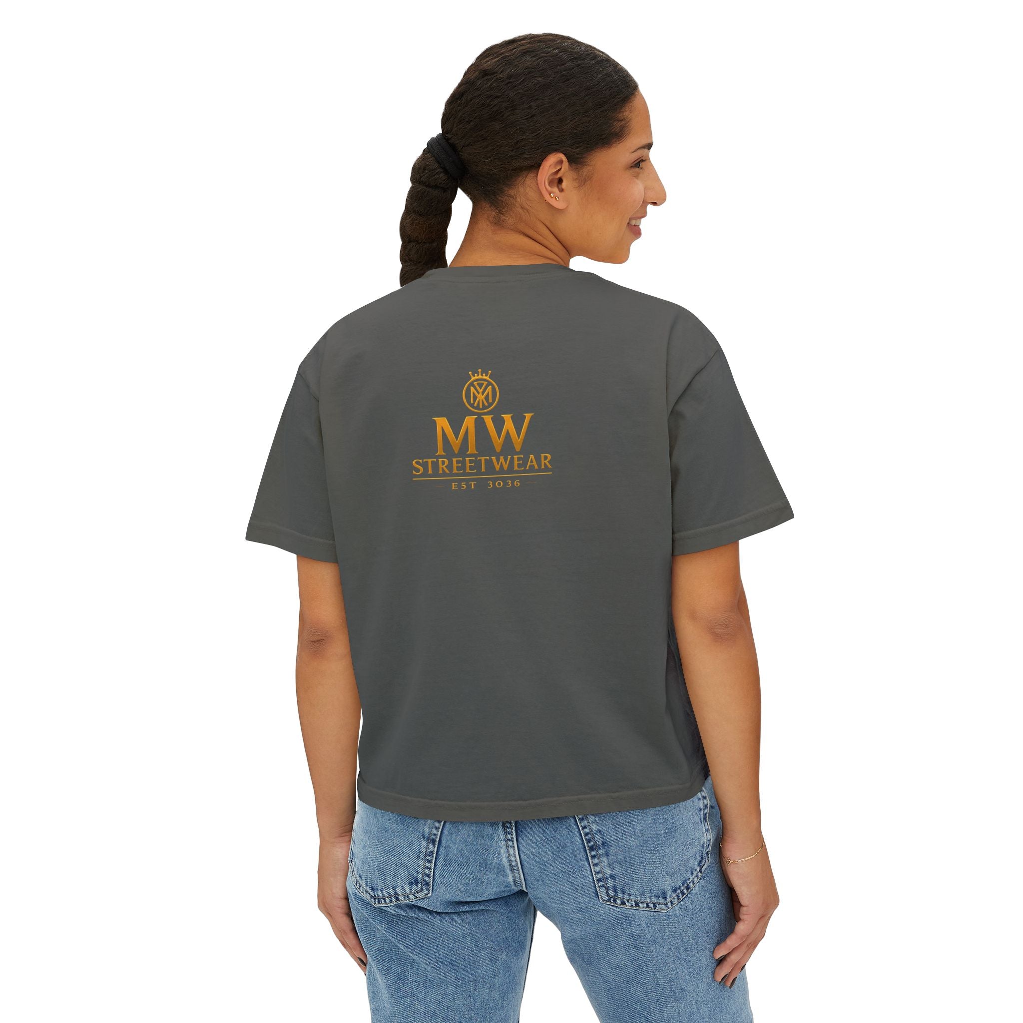 MW Streetwear Women's Boxy Tee — Gold Crown Logo Casual Crop T‑Shirt