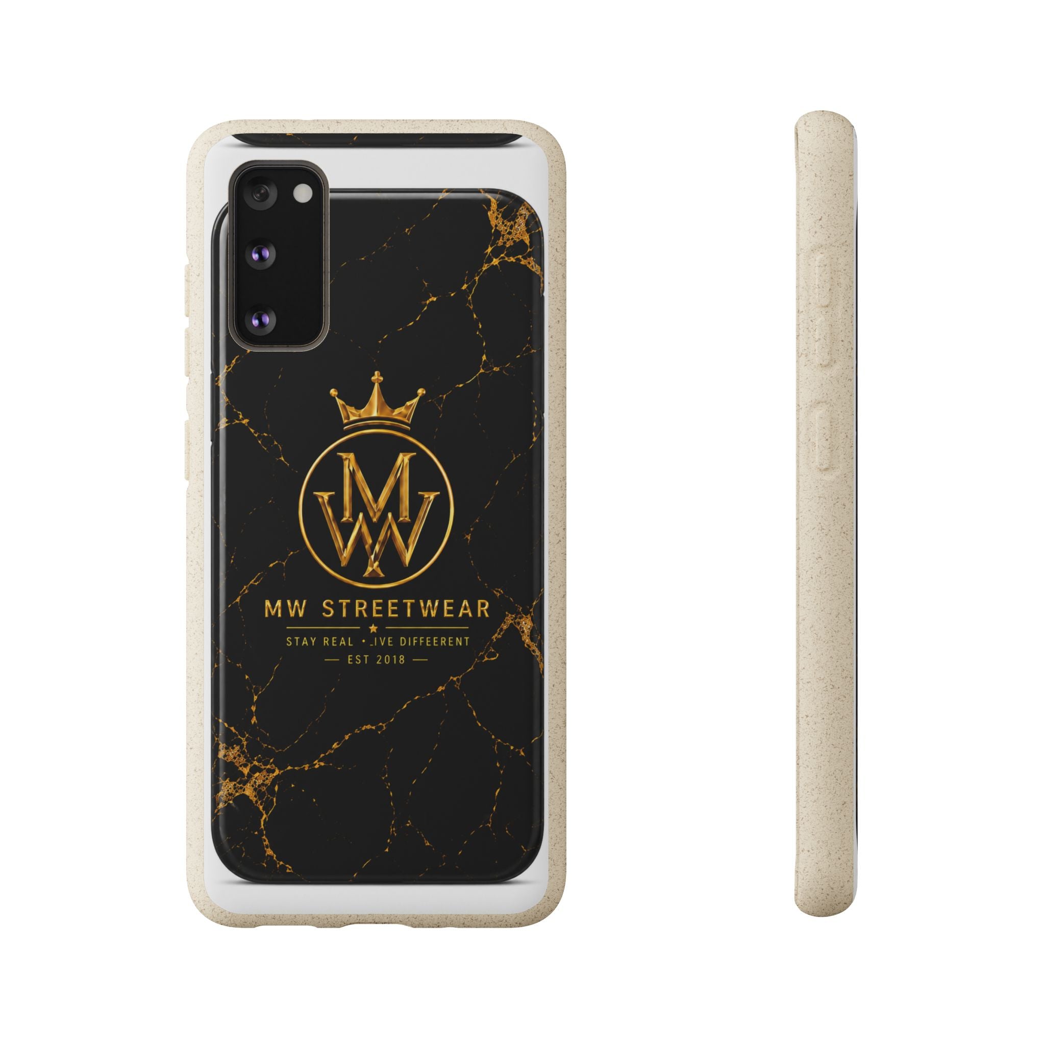 Biodegradable Phone Case — Black Marble MW Streetwear Logo, Eco-Friendly Protective Cover