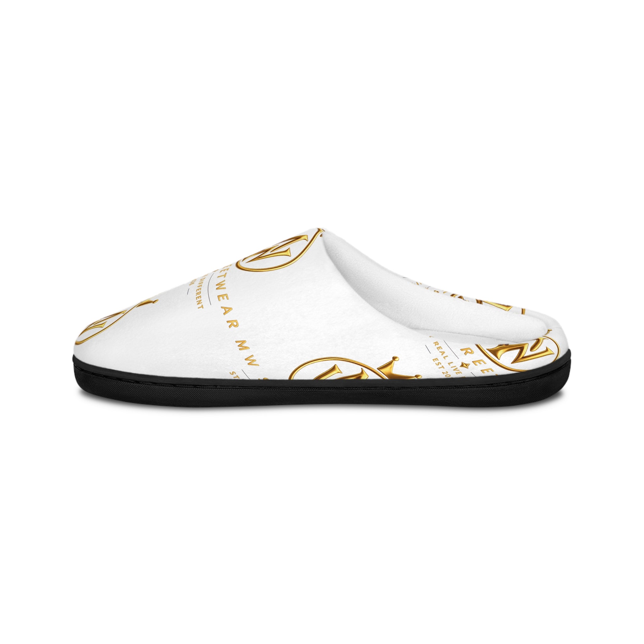 Women's Indoor Slippers — White & Gold Monogram Cozy House Shoes