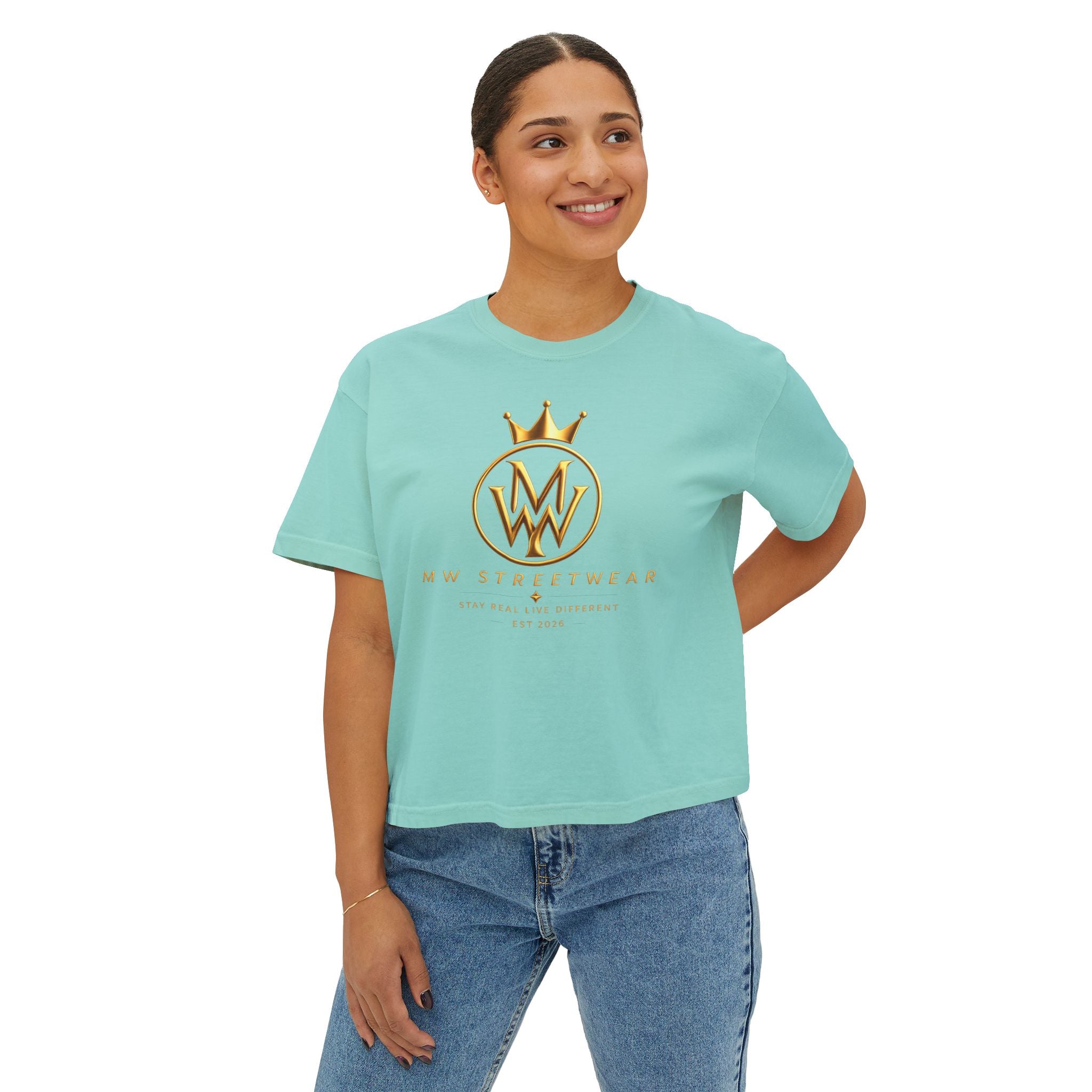 MW Streetwear Women's Boxy Tee — Gold Crown Logo Casual Crop T‑Shirt