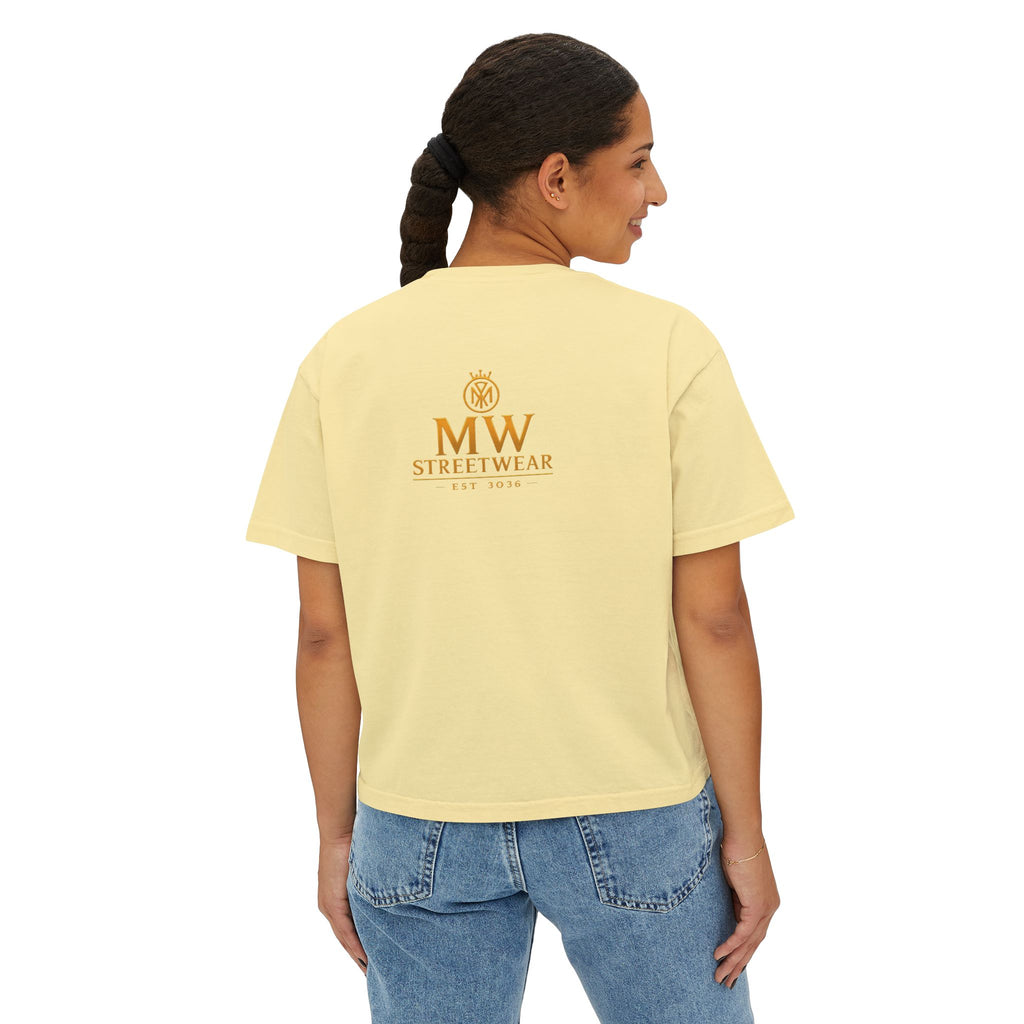 MW Streetwear Women's Boxy Tee — Gold Crown Logo Casual Crop T‑Shirt