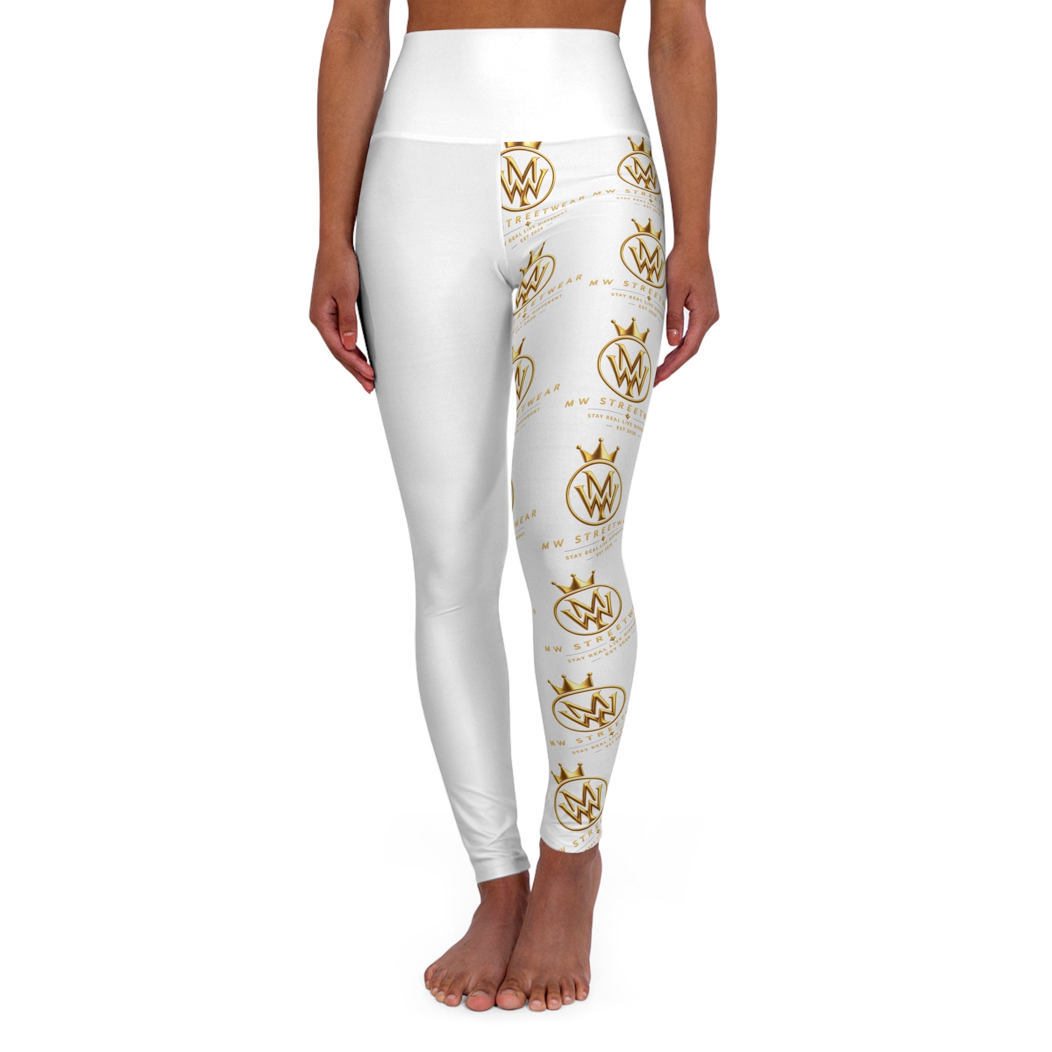High-Waist Yoga Leggings — White Gold Crown Logo All-Over Print
