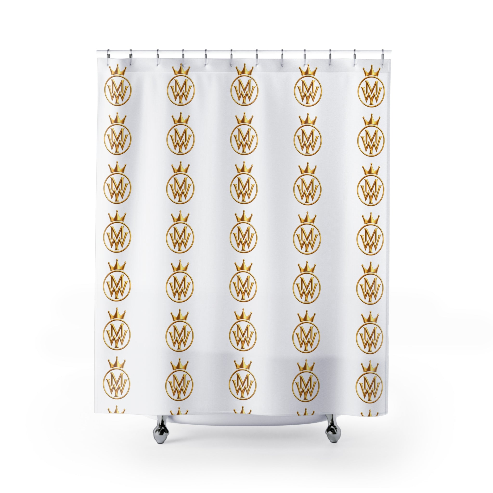 Gold Crown Monogram Shower Curtain — Repeating W Logo Pattern