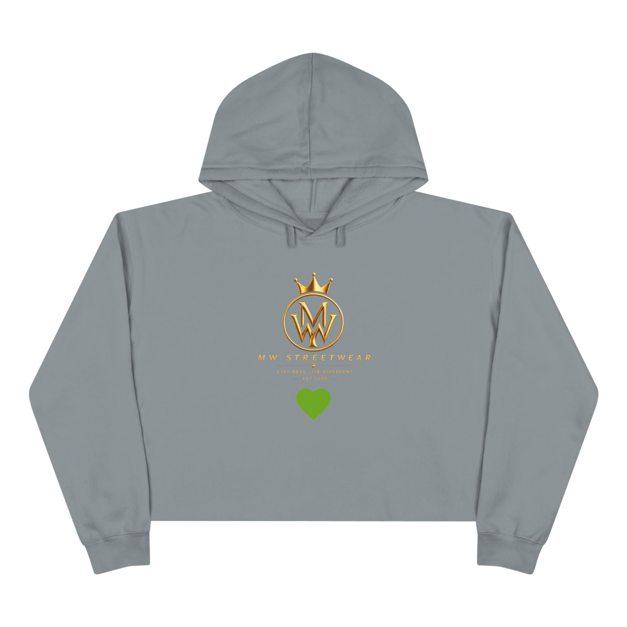Cropped Hoodie — Minimal Gold Crown Logo with Green Heart