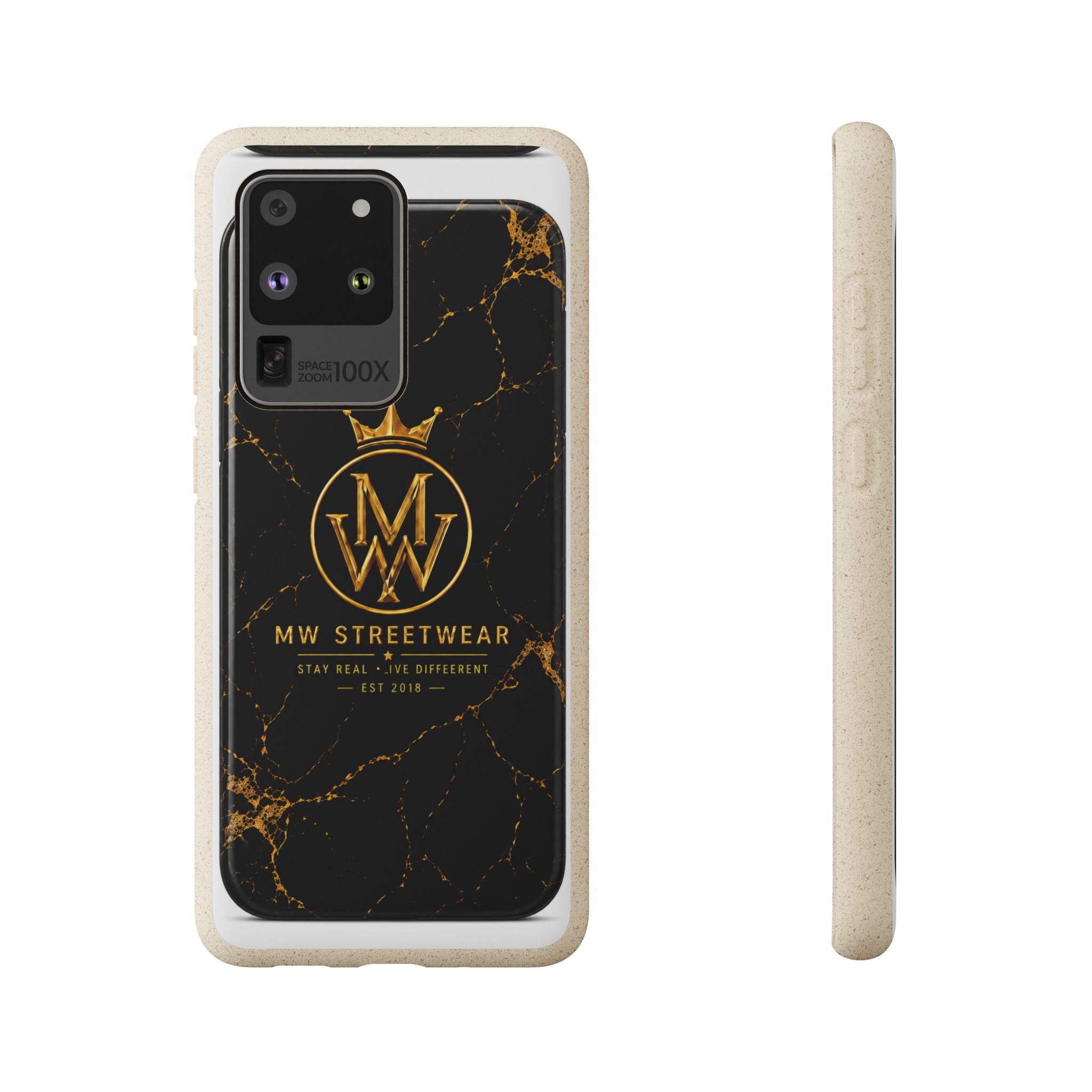 Biodegradable Phone Case — Black Marble MW Streetwear Logo, Eco-Friendly Protective Cover