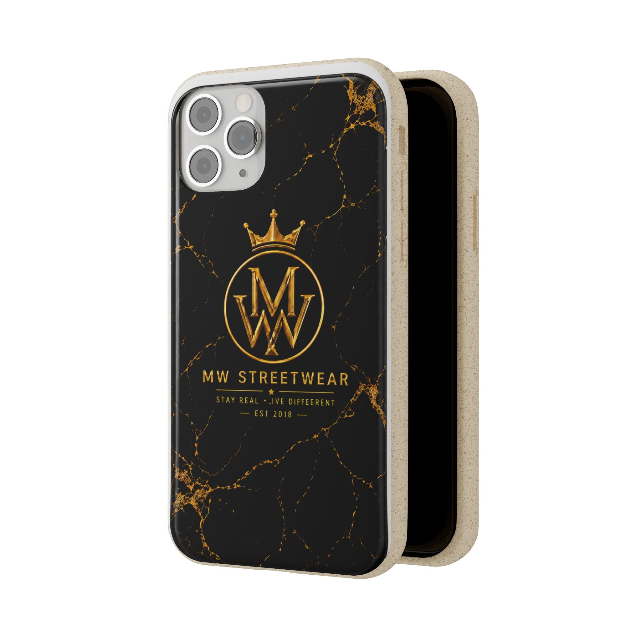 Biodegradable Phone Case — Black Marble MW Streetwear Logo, Eco-Friendly Protective Cover